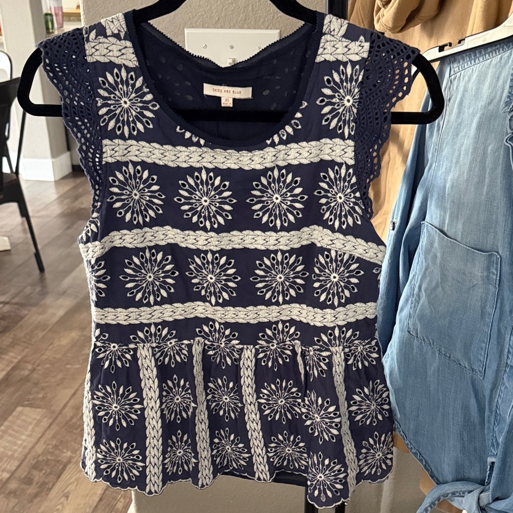 Skies are Blue Navy and White Embroidered Blouse